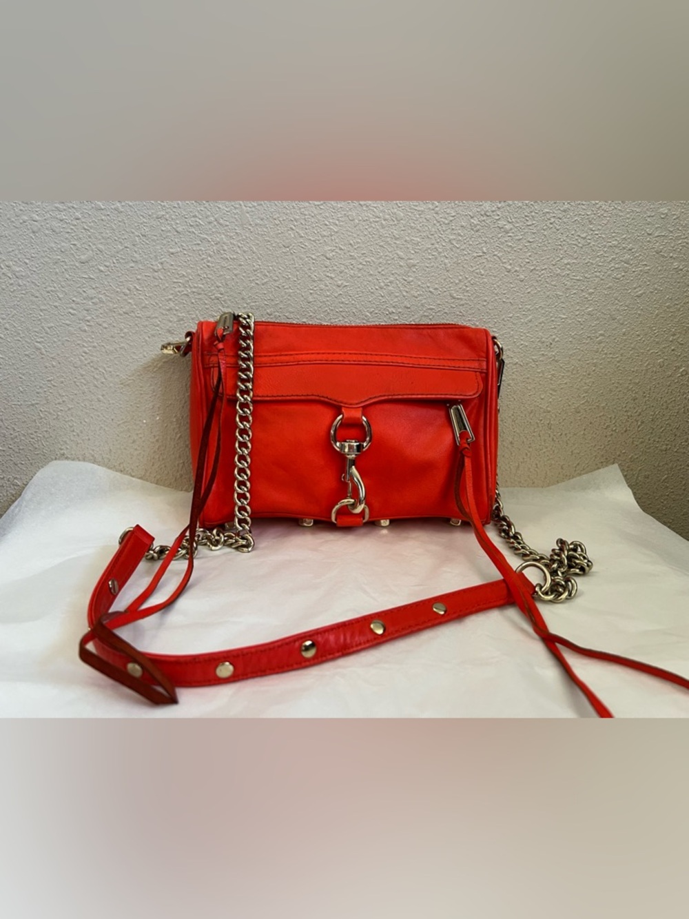 Rebecca Minkoff Coral Red Leather Chain Studded Crossbody Bag Silver Hardware
